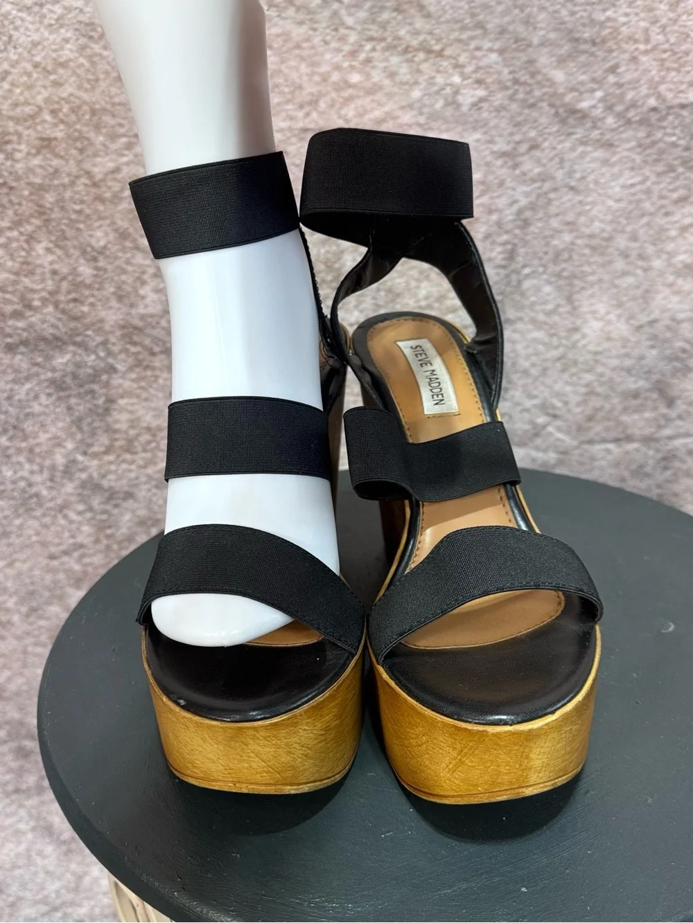 Steve Madden 9.5 Black Elastic Strap Sandals with Wood 5” Platform Wedge